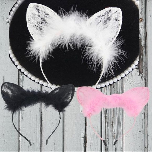 Cat Ear Headband Feather and Lace - White
