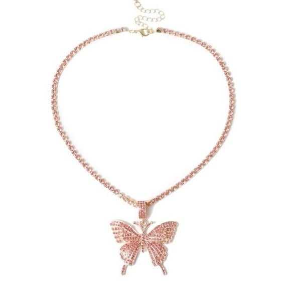 Rose Gold Pink Rhinestone Butterfly Charm Necklace