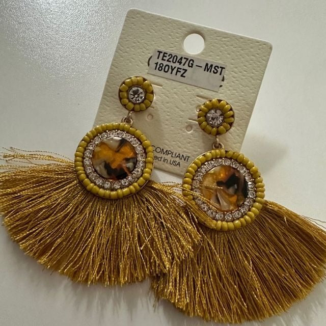 Boho beaded circle and rhinestone fringe earrings marigold