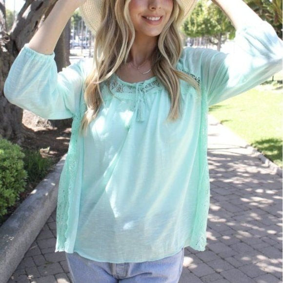 Mint Long Sleeve Crochet Top With Tassel Detail Small