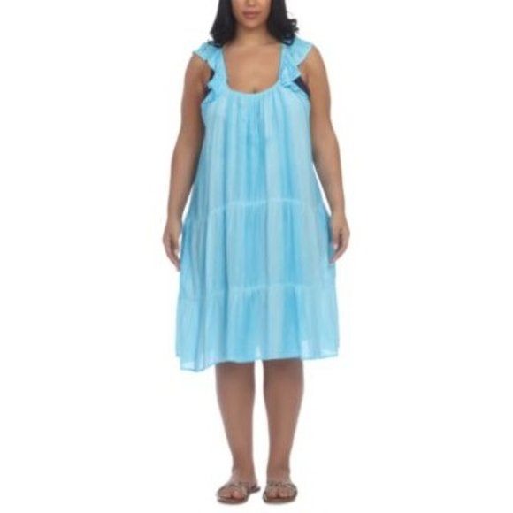 Raviya Pigment-Wash Off The Shoulder Tiered Dress Cover-up Turquoise 1X nwt