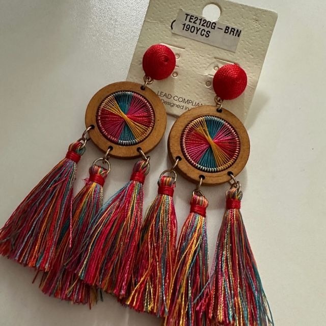 Boho ribbon wrapped wood circle and dangling fringe earrings red