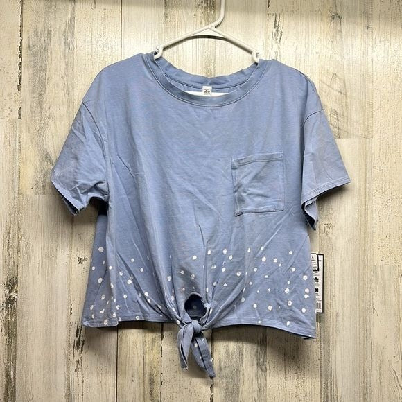 RBX blue pocket tee with dotted trim and tie front large nwt