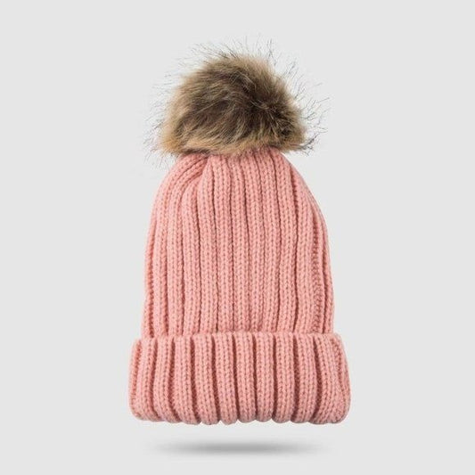 Faux Fur Pom Pom Beanie Hat - Pink