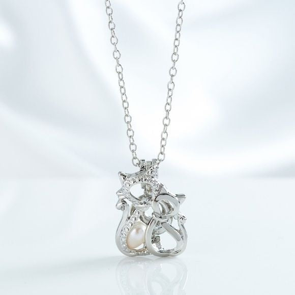 Cat and Kitten Faux Pearl Pendant Necklace