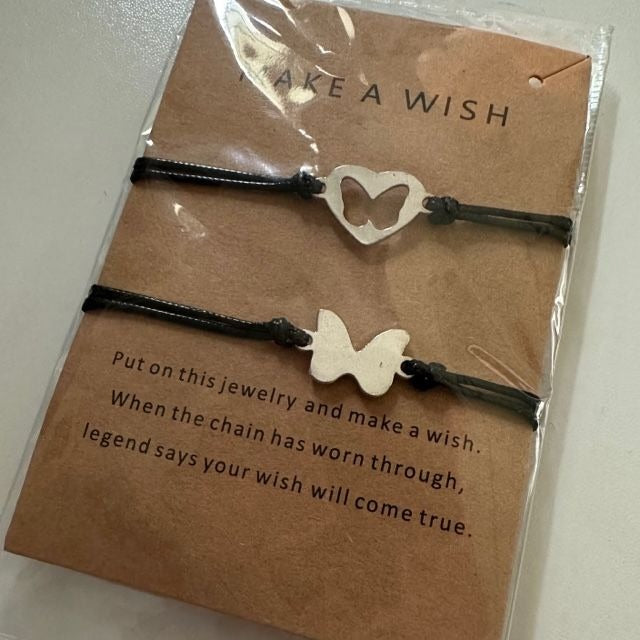 Make a Wish butterfly and heart friendship bracelet set