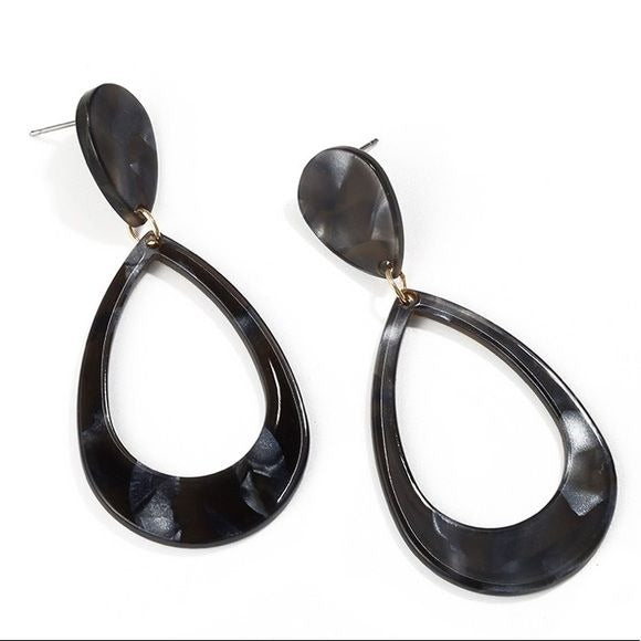 Black Marble-Look Acrylic Open Teardrop Earrings