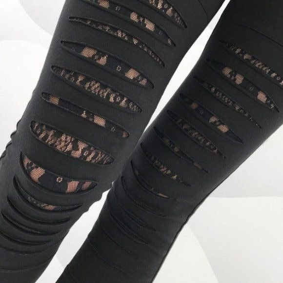Black Lace Ripped Leggings Medium nwt