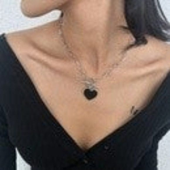 Black Enameled Heart Chain Necklace - goldtone or silvertone
