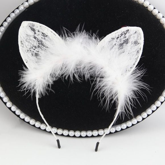 Cat Ear Headband Feather and Lace - Pink