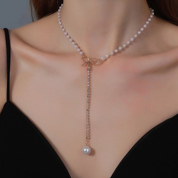 Faux Pearl and Rhinestone Bow Necklace