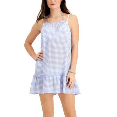 Miken Juniors High-Neck Tiered Cove Blue White Gingham Large nwt