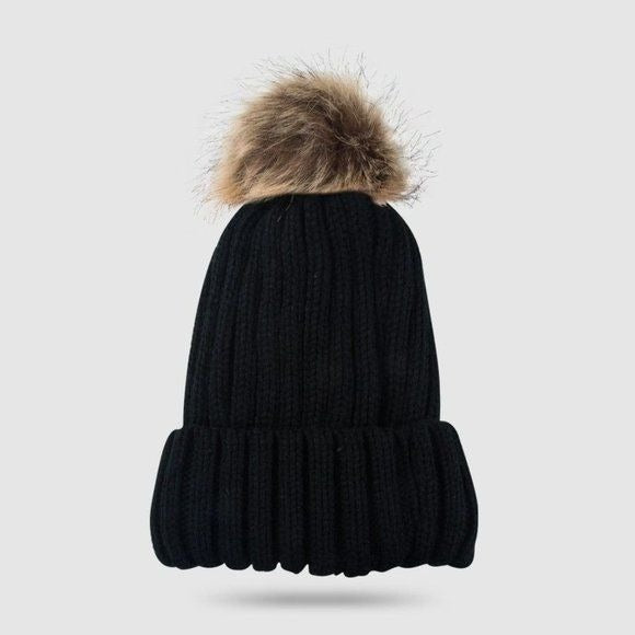 Faux Fur Pom Pom Beanie Hat - Black