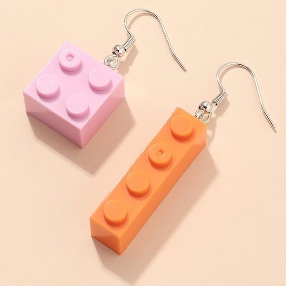 Mismatched Lego Inspired Earrings Orange Pink
