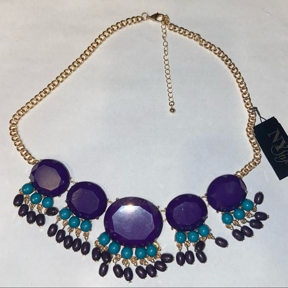 NY Style Goldtone statement necklace purple and blue