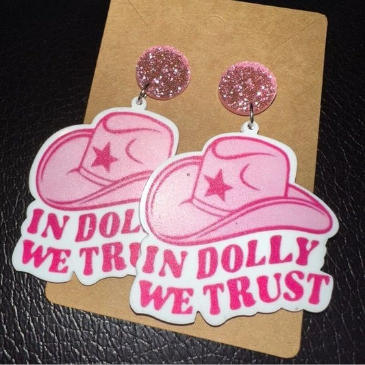 In Dolly we Trust Cowboy Hat dangling earrings