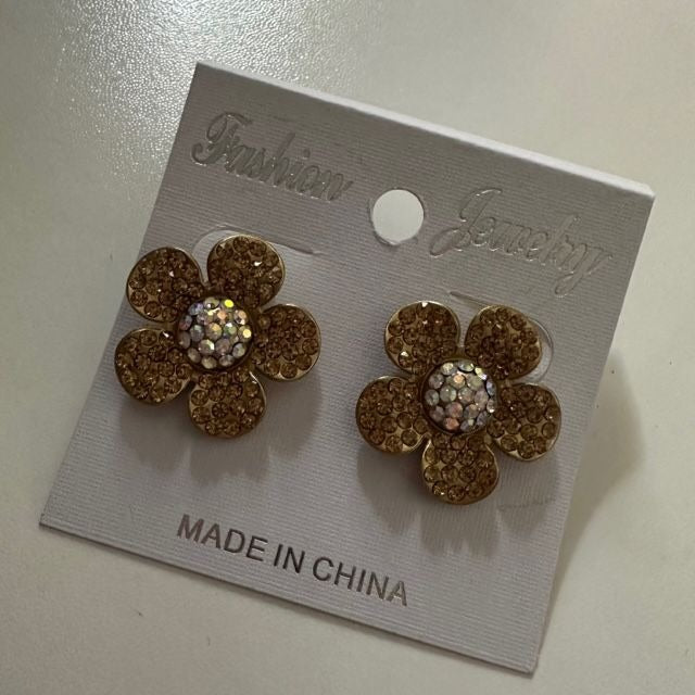 Amber and white sunflower rhinestone earrings