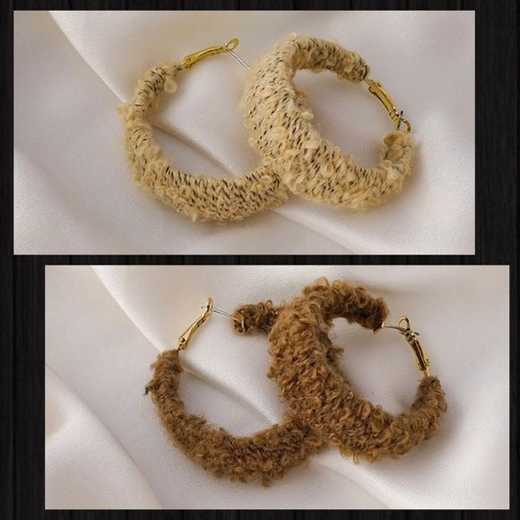 Tan or Brown “Shag Carpet” Hoop Earrings