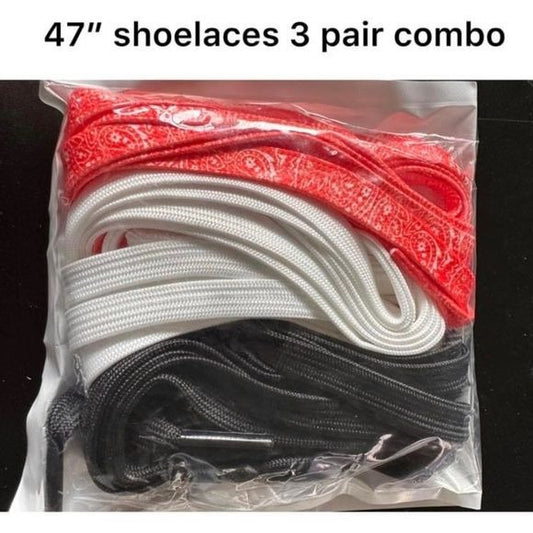 47” shoelaces - 3 pairs to include red paisley, white and black, new in package