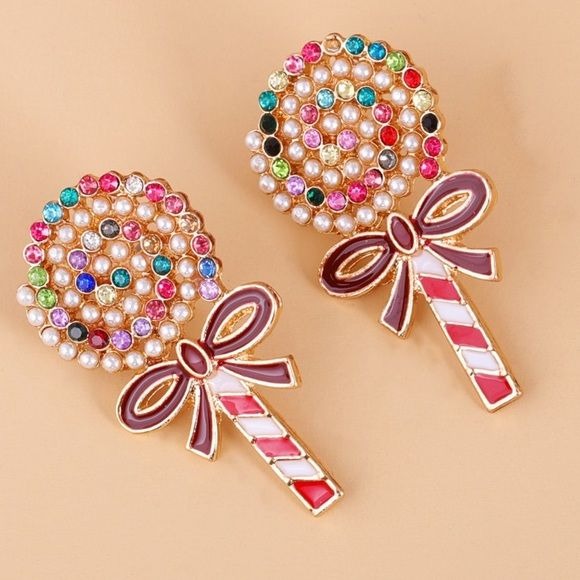 Colorful Rhinestone Pearl Lollipop Earrings