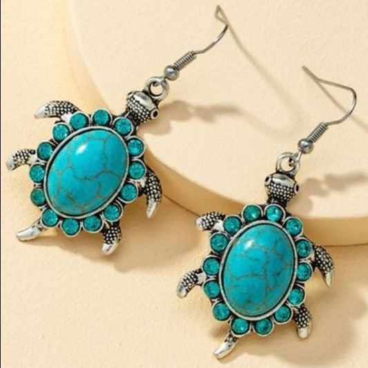 Turquoise and Silvertone Tortoise Earrings