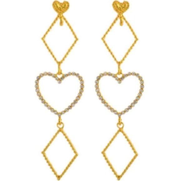 Goldtone Long Crystal Heart Dangling Earrings