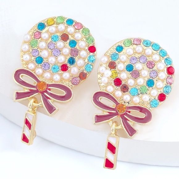 Lollipop Earrings Colorful Rhinestone Faux Pearl