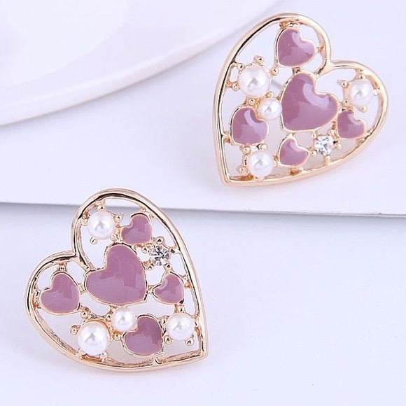 Purple, Faux Pearl and Rhinestone Heart Earrings