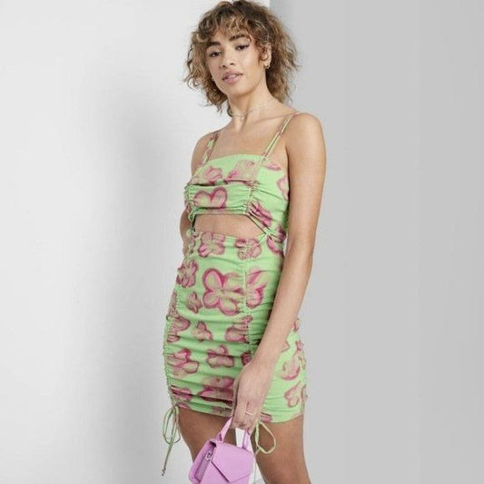 Wild Fable cut out ruched bodycon dress green floral nwt