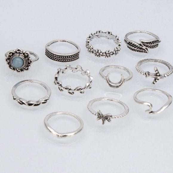 Ring Set Silvertone Boho Style 11 Pieces #5