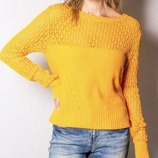 Long Sleeve Open Back Yellow Sweater Top S/M