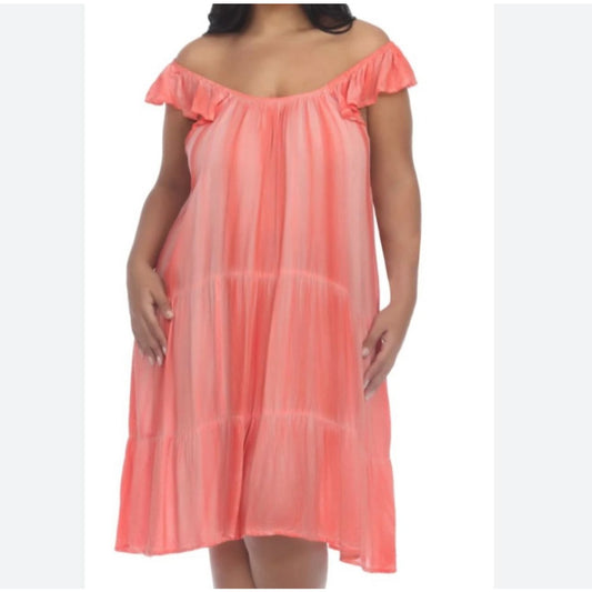Raviya Pigment-Wash Off The Shoulder Tiered Dress Cover-up Coral 1X nwt
