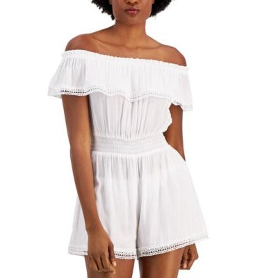 Miken Juniors Off-The-Shoulder Romper Swim Cover White Large nwt