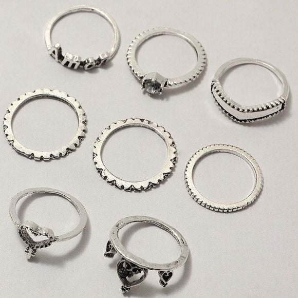 Ring Set Silvertone Amor Heart 8 Pieces #15