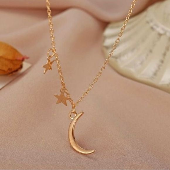 Dangling Moon Star Charm Necklace Goldtone