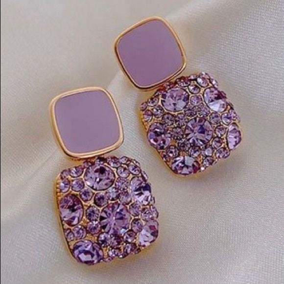 Lilac Enameled and Rhinestone Square Earrings