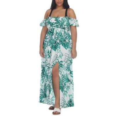 Raviya Floral-Print Smocked Maxi Dress Cover-up Green 2X nwt