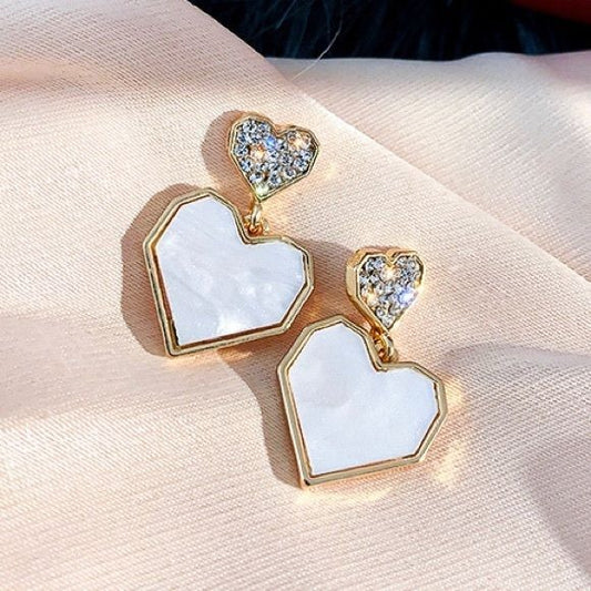 Rhinestone and White Double Heart Earrings