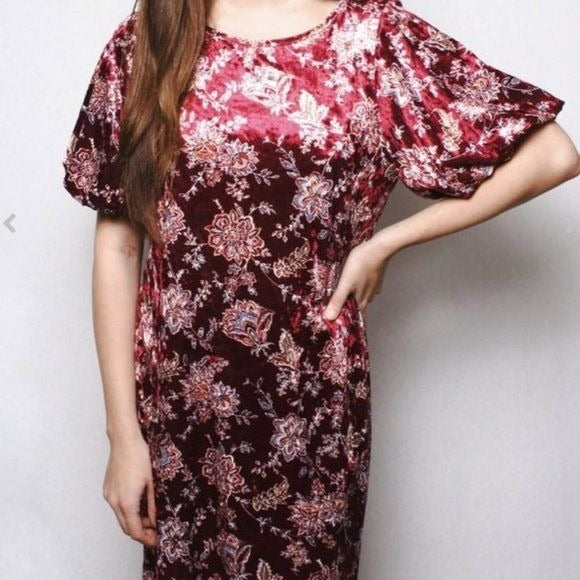 Short Sleeve Crushed Velvet Floral Tunic Dress Large nwt