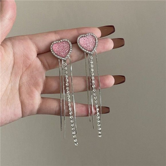Rhinestone Pink Heart Dangling Earrings