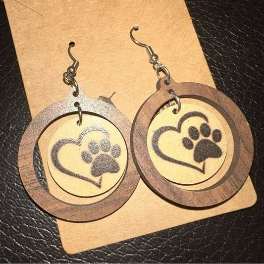 Pet Paw Dog Cat and Heart dangling earrings