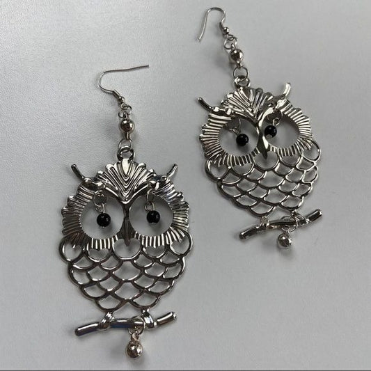 Large Silvertone Owl Statement Earrings
