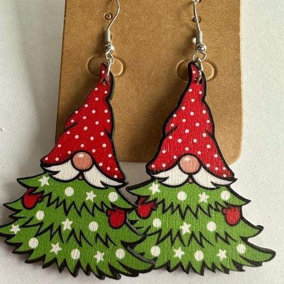Christmas Tree Gnome lightweight wood earrings
