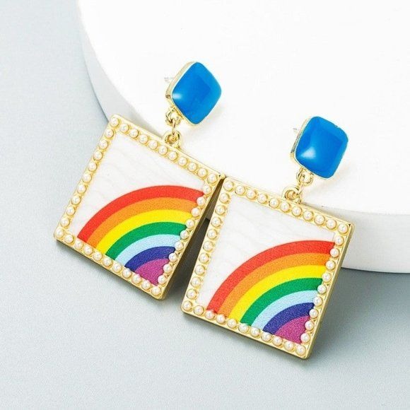 Square Rainbow Earrings Faux Pearl Outline