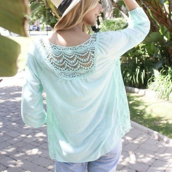 Mint Long Sleeve Crochet Top With Tassel Detail Small