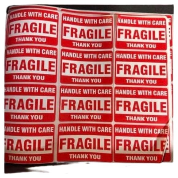 Fragile stickers - handle with care - thank you - red and white 2” x 3” qty 192