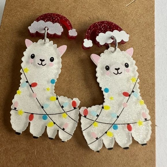 Llama Christmas lights and Santa Hat dangling earrings