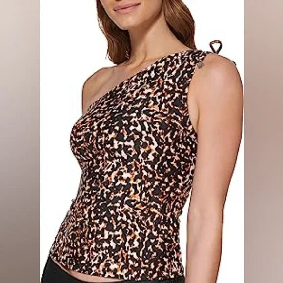 DKNY Printed One-Shoulder Tankini Top Textured Cheetah XL nwt