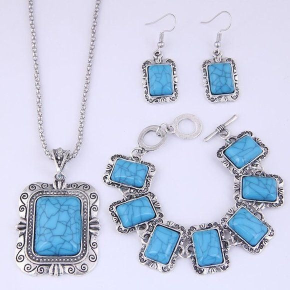 Silvertone Square Jewelry Set turquoise nwt