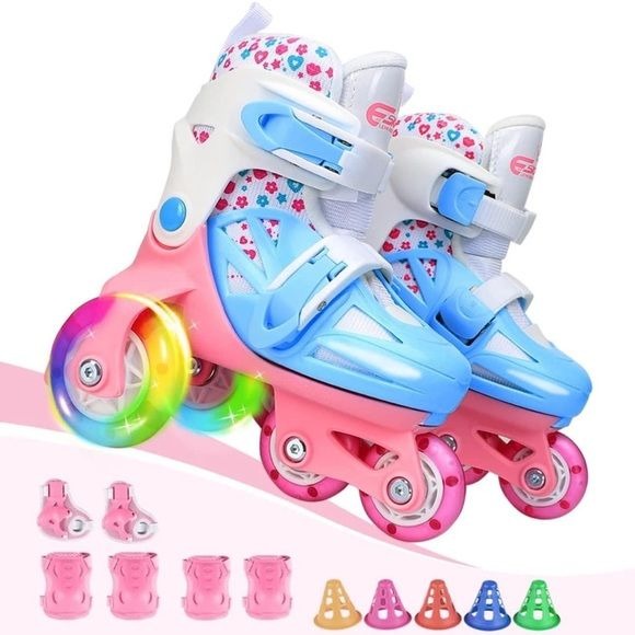 Kids Quad Roller Skate, Double Brakes & Luminous Wheels for Beginners size XS